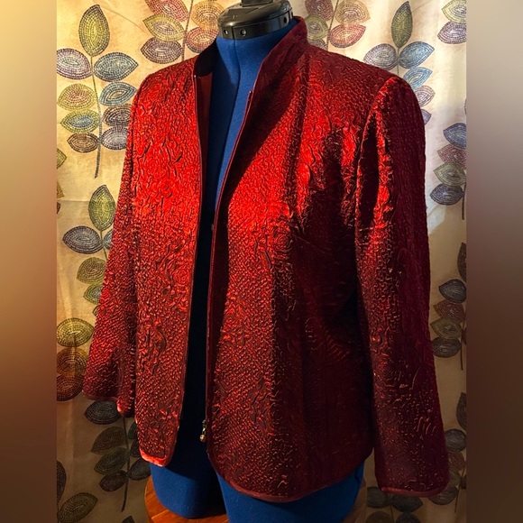 Laura Ashley Rich Red Shimmered Textured Blazer Rhinestone Zipper - Picture 4 of 9